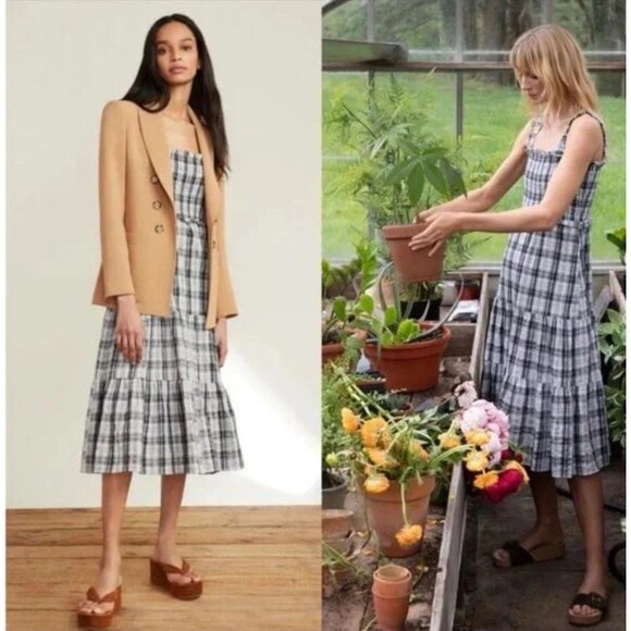 Veronica Beard Ziada Size Small Smocked Plaid Midi Dress Black White Tiered - Picture 1 of 12